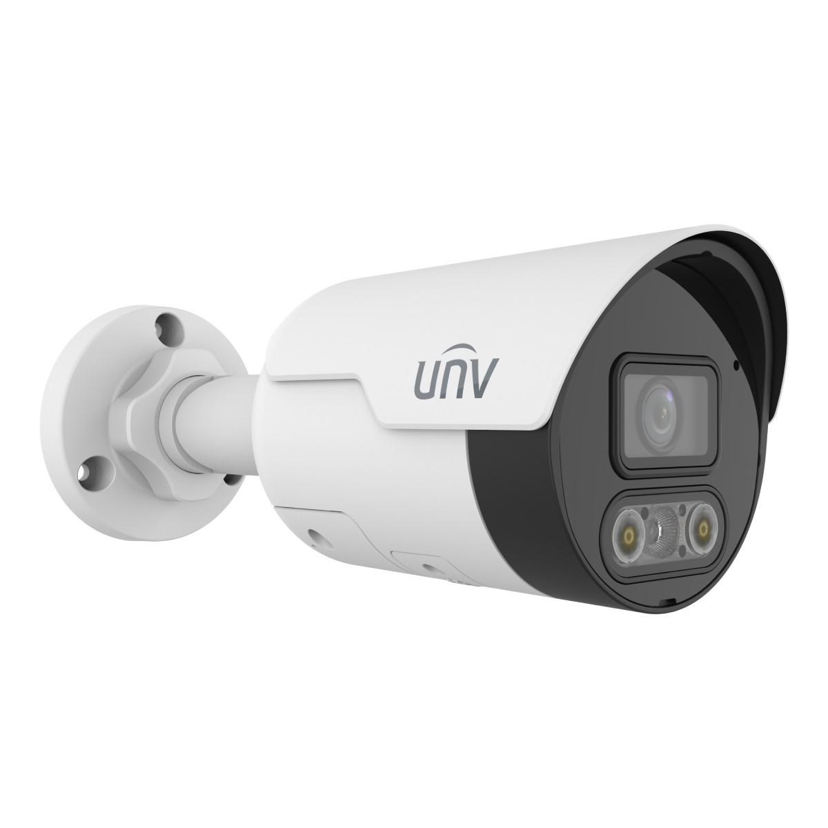 Una telecamera di sicurezza bianca con logo UNV, lente frontale e due luci.