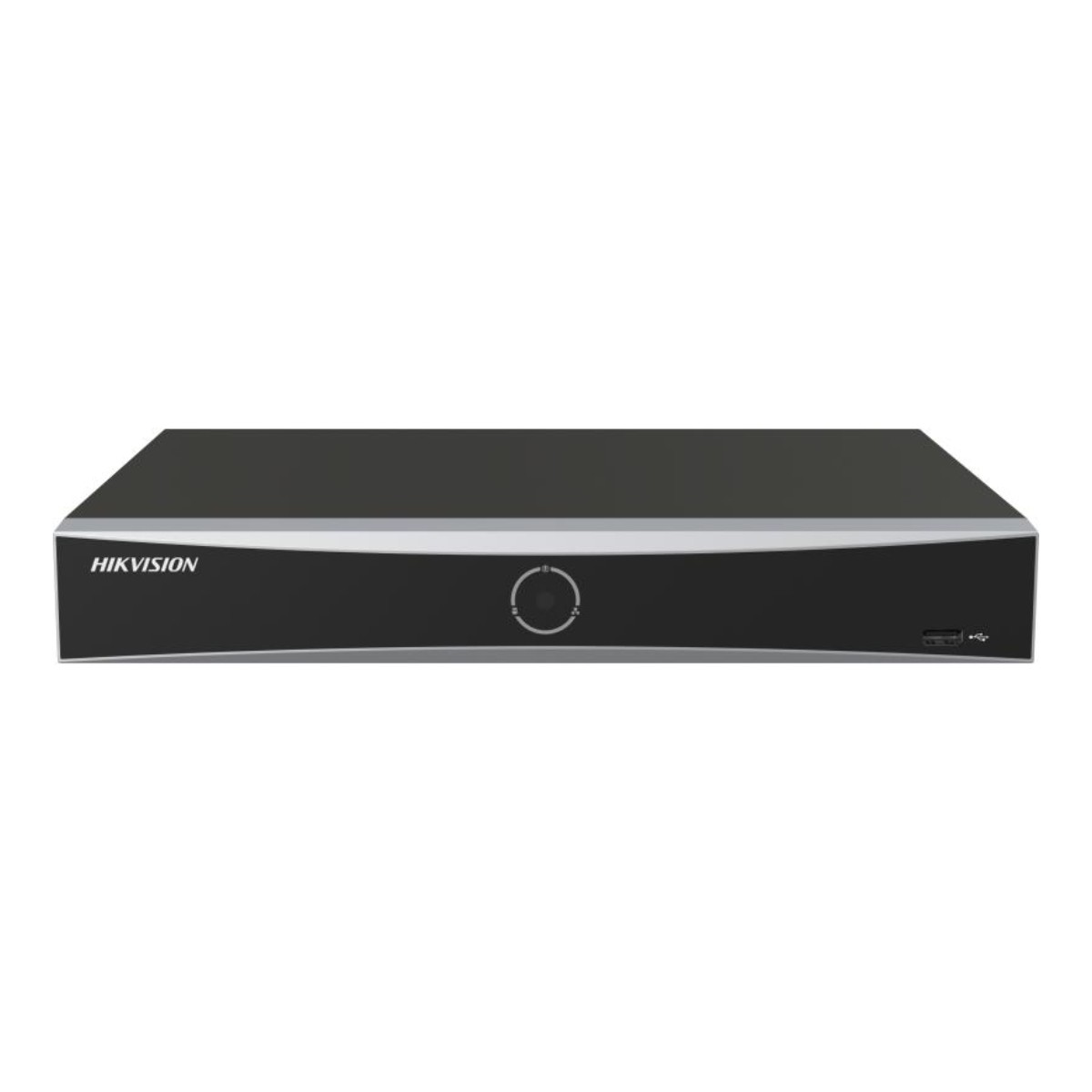 Un registratore Hikvision nero con accenti argentati e una porta USB.