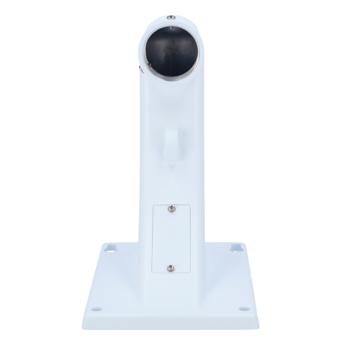 Supporto per fotocamera bianco con apertura rotonda in alto e coperchio rettangolare.