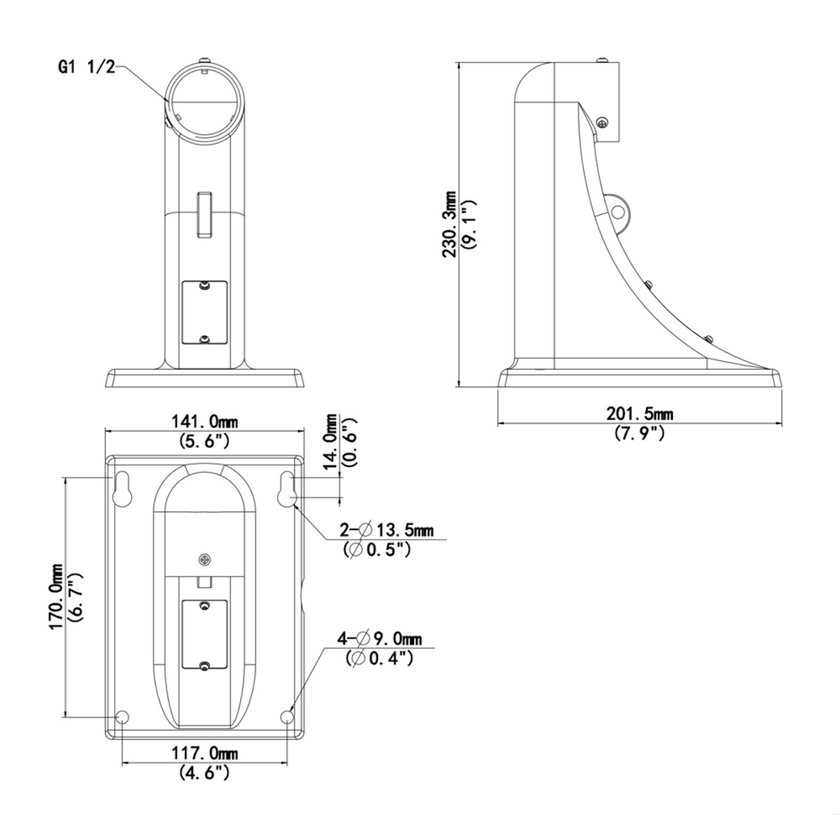 Disegno tecnico di una staffa con dimensioni e filettatura G1 1/2.