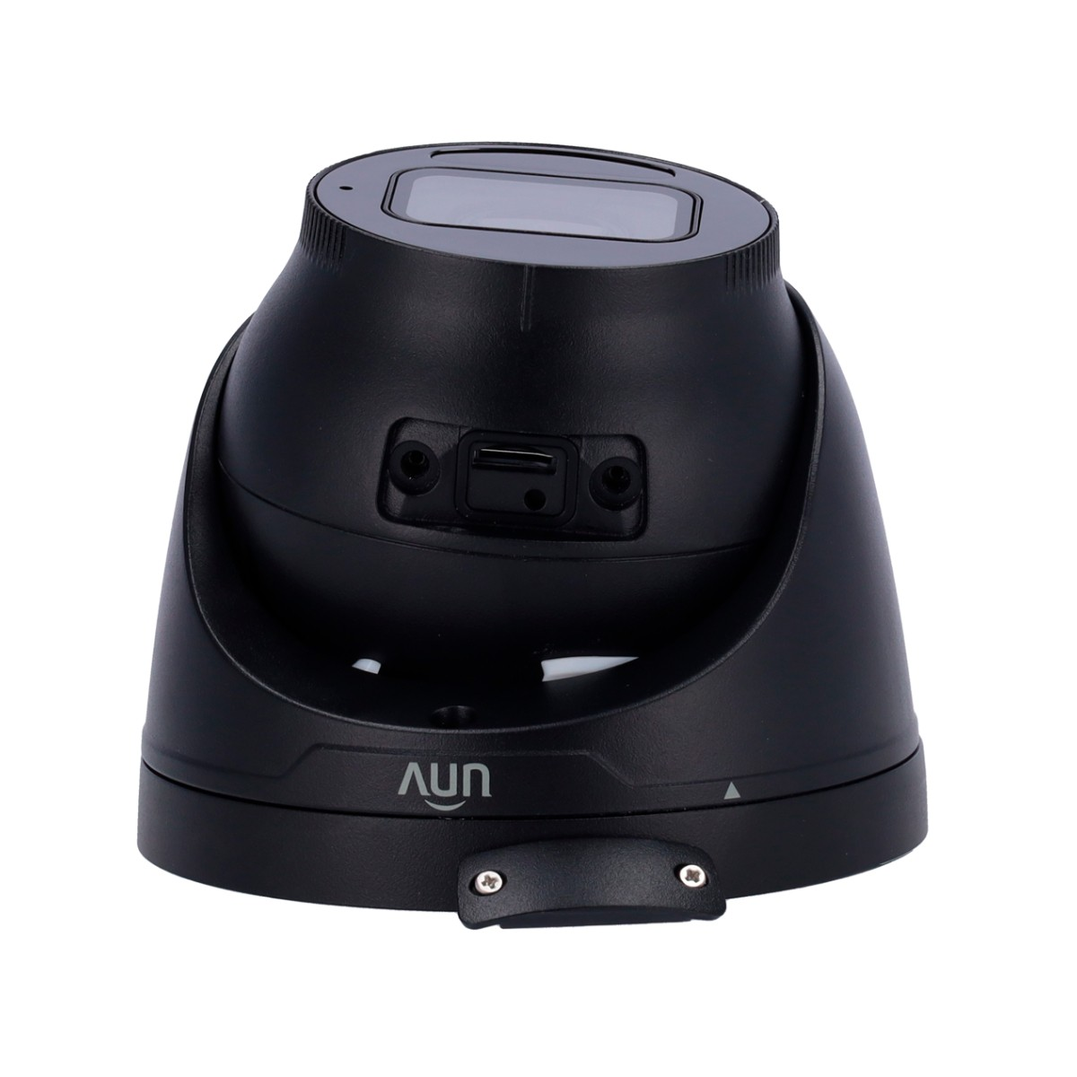 Corpo telecamera dome nero con schermo in alto e porte sul lato.