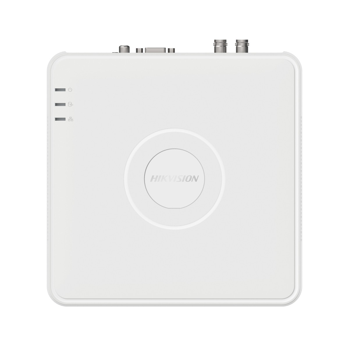 Un dispositivo Hikvision bianco con porte e spie luminose in alto.