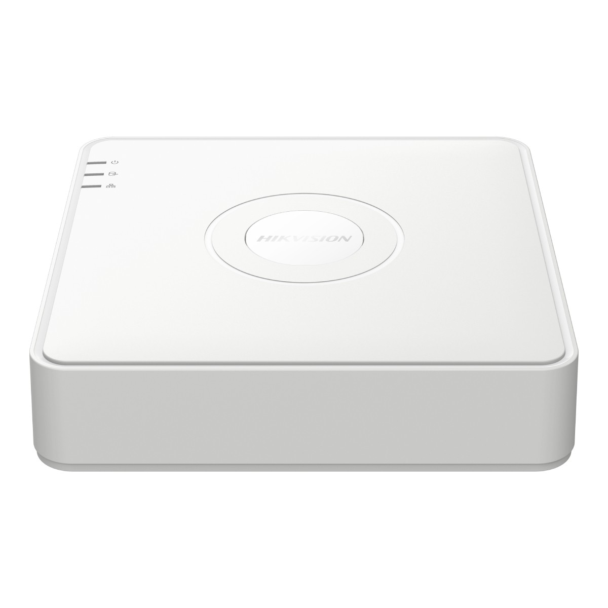Un dispositivo Hikvision bianco con LED di accensione, rete e disco rigido.