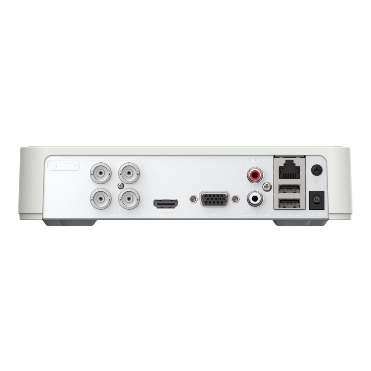 Retro di un dispositivo bianco con porte: 4x Ingresso Video, HDMI, VGA, Audio In/Out, LAN/USB, 12V.