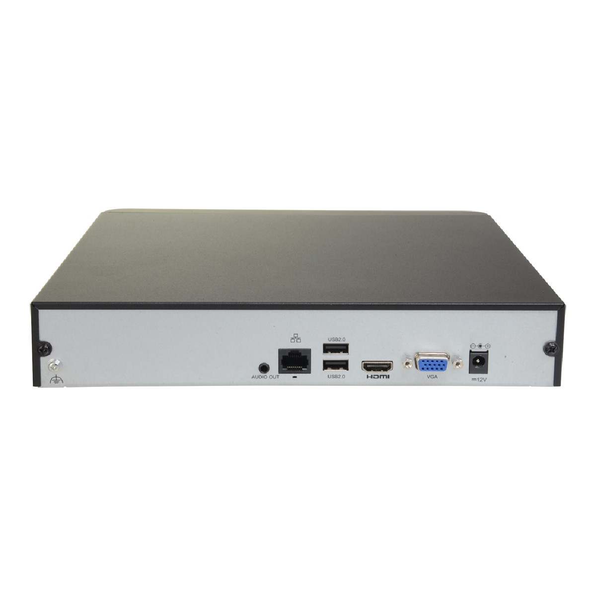 Retro di un dispositivo nero con porte: Uscita Audio, Ethernet, 2x USB, HDMI, VGA, alimentazione 12V.