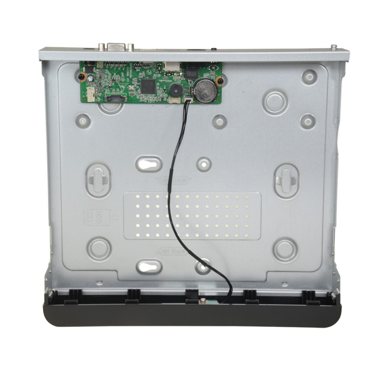 Un involucro elettronico argentato con scheda verde, batteria e cavi.
