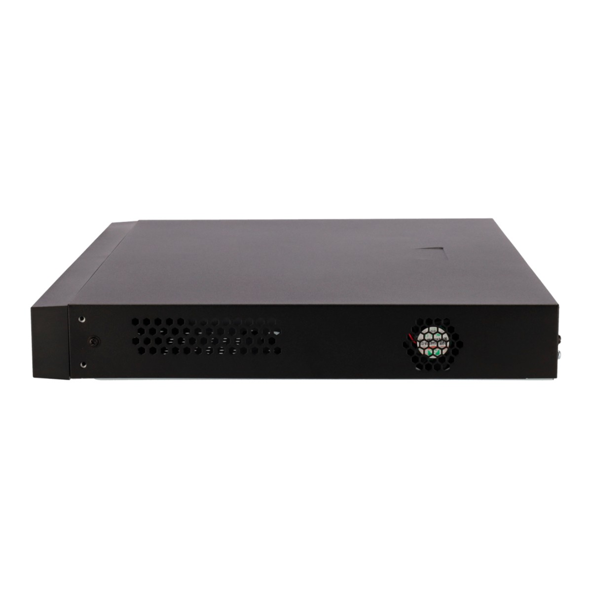 Un dispositivo nero sottile per montaggio su rack con fessure di ventilazione e una ventola.