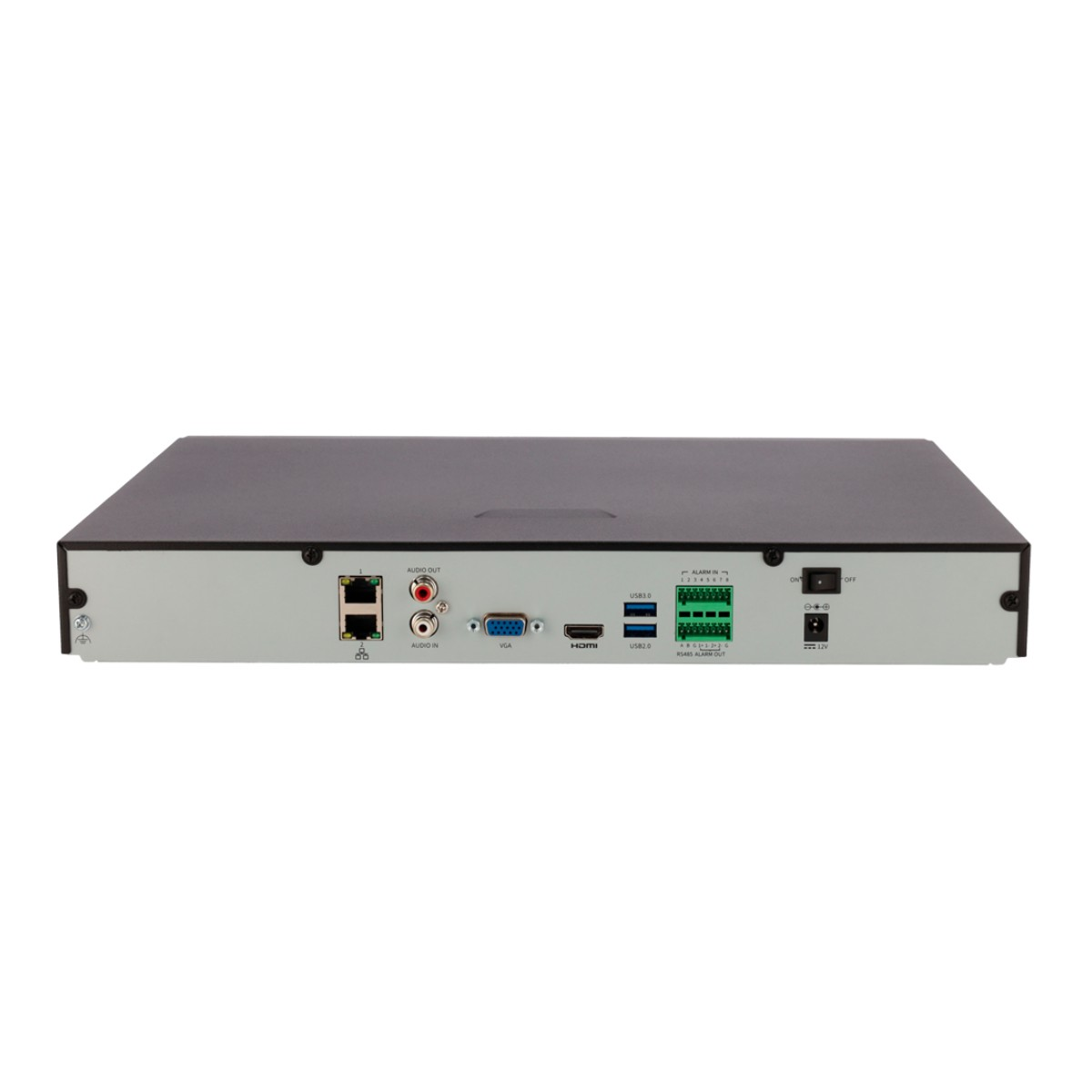 Pannello posteriore di un dispositivo nero e argento con porte tra cui HDMI, USB e audio.
