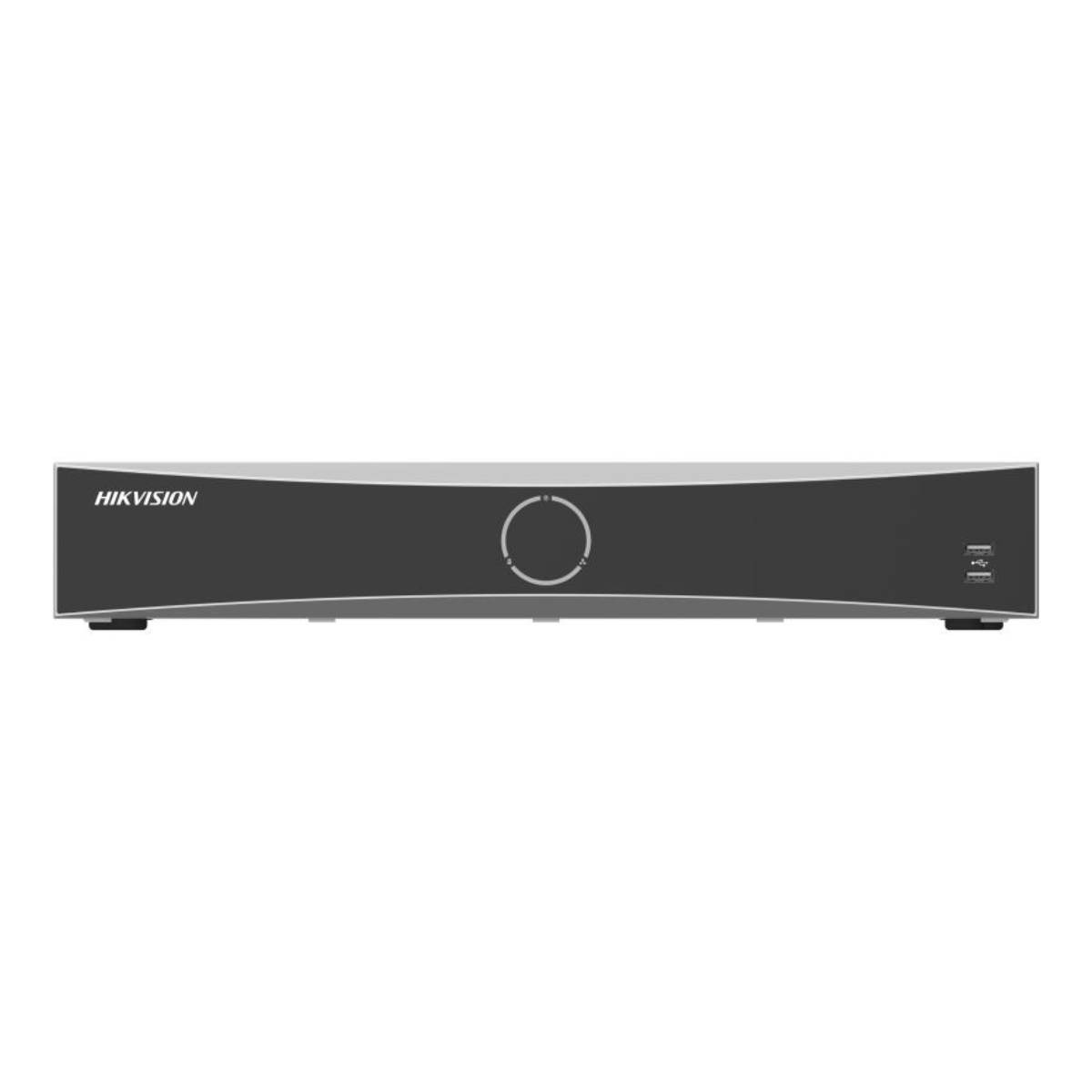Un DVR Hikvision nero con un cerchio e due porte USB frontali.