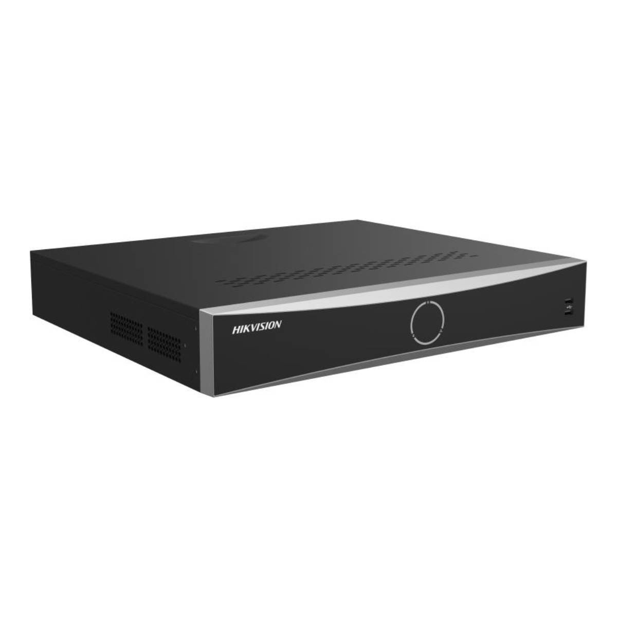 DVR Hikvision nero con striscia argentata e cerchio sul davanti.