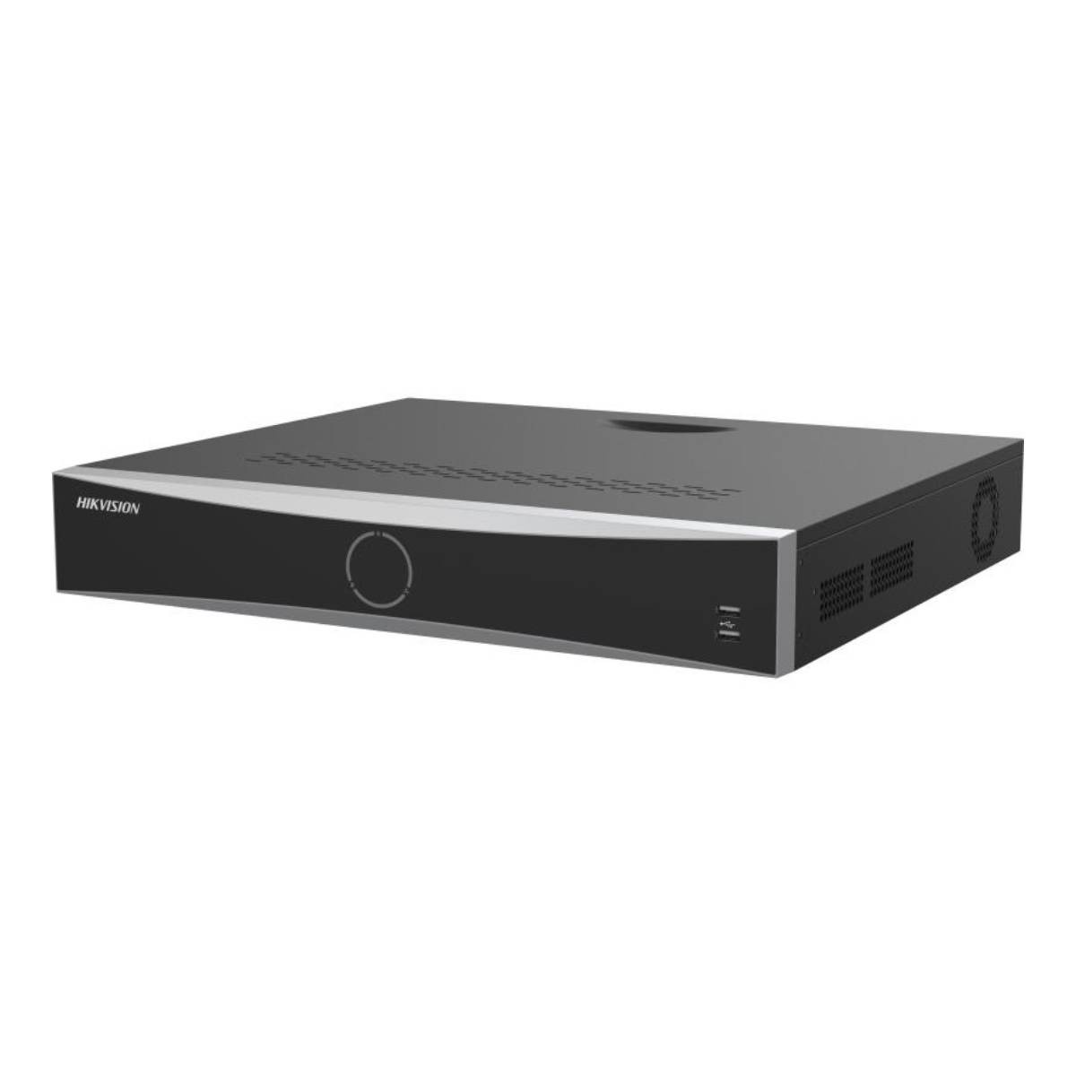 Un DVR Hikvision nero con frontale argentato e un'icona a cerchio.