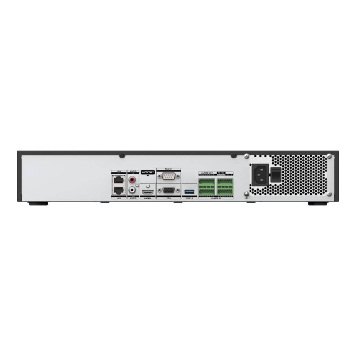 Vista posteriore di un dispositivo nero con porte LAN, Audio, HDMI, VGA, RS-232, Allarme e Alimentazione.