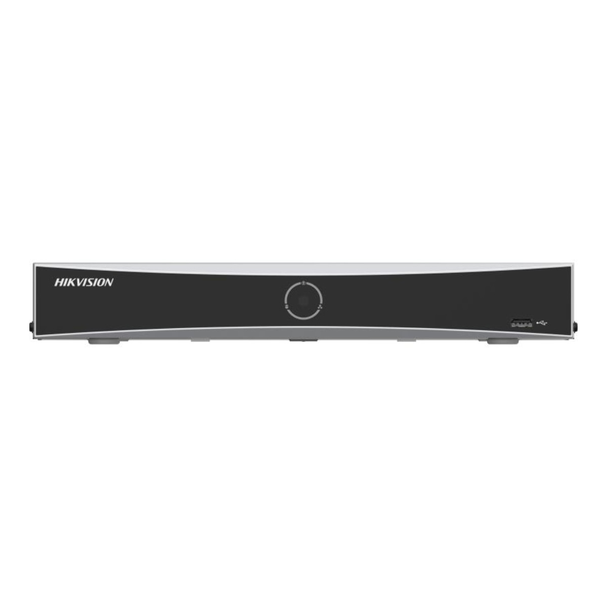 DVR Hikvision con pulsante di accensione frontale, indicatore circolare e porta USB.