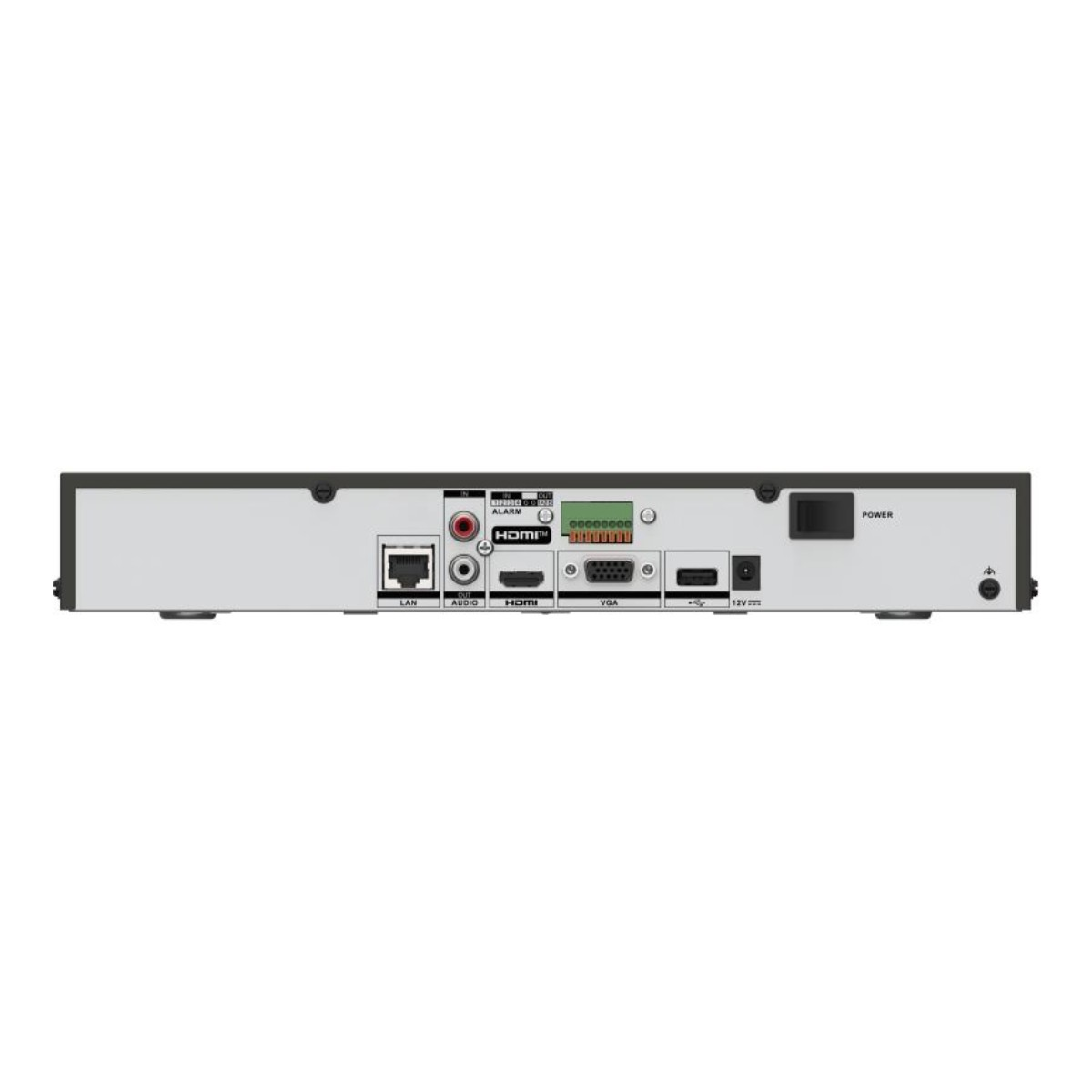 Retro di un DVR con porte: LAN, Audio, HDMI, VGA, Allarme, Alimentazione.