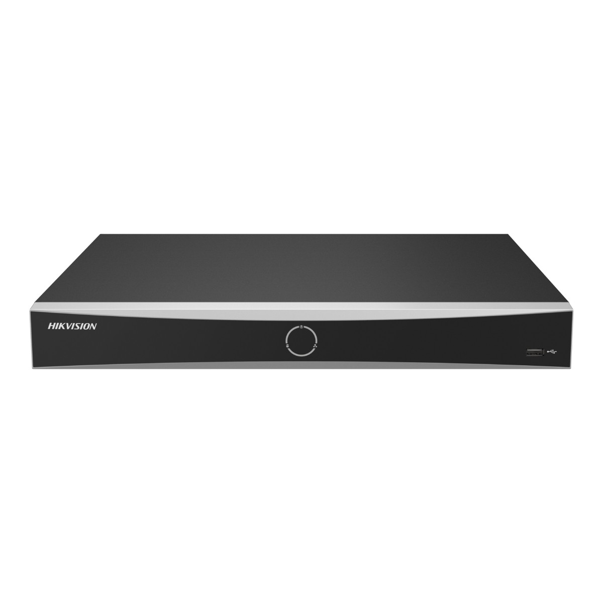 Un DVR Hikvision nero con una striscia argentata e una porta USB.