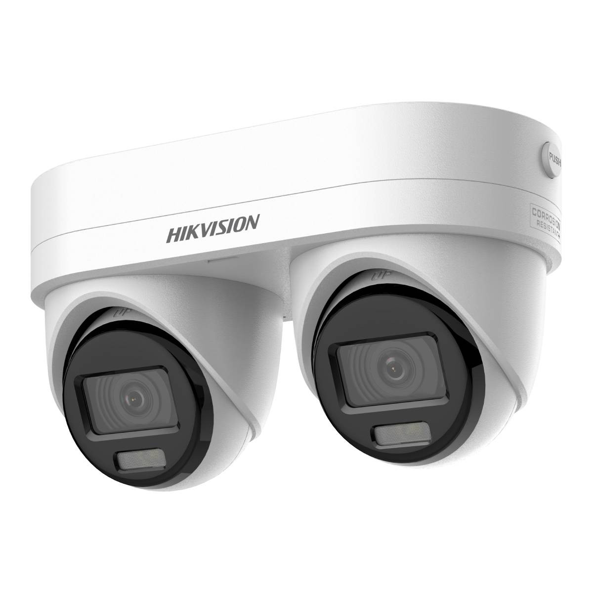 Due telecamere di sicurezza Hikvision bianche con lenti nere, montate una accanto all'altra.