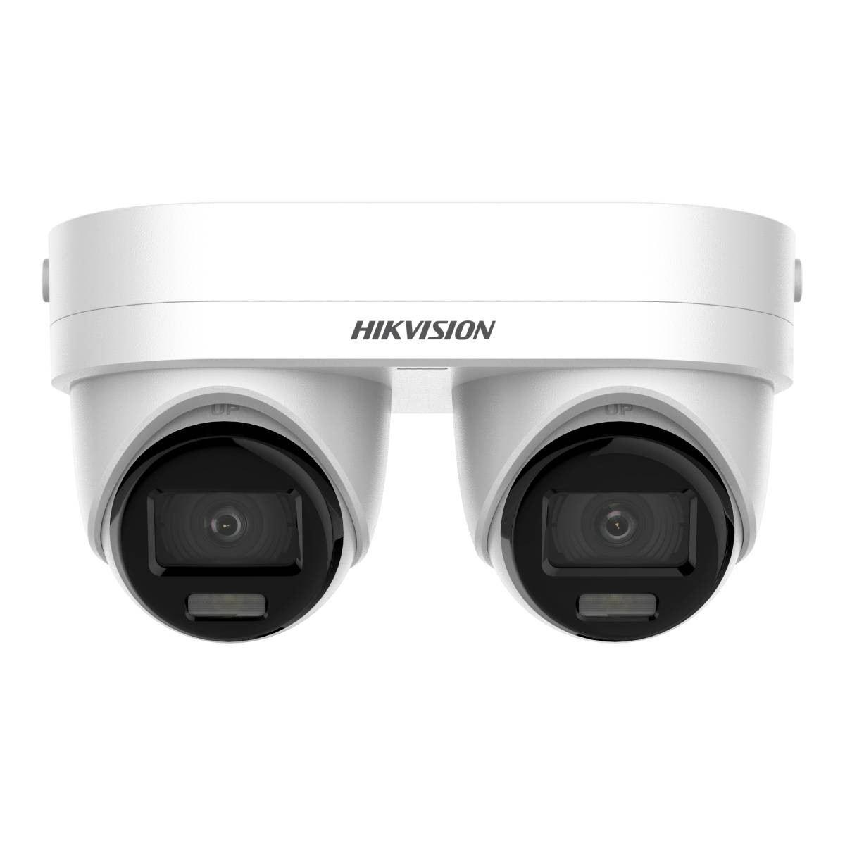 Una telecamera di sicurezza Hikvision bianca a due obiettivi, isolata su sfondo bianco.