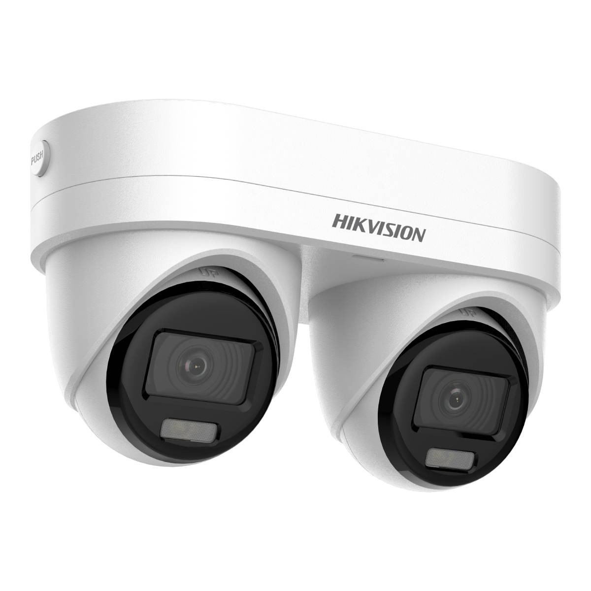 Telecamera Hikvision bianca con due lenti e pulsante.