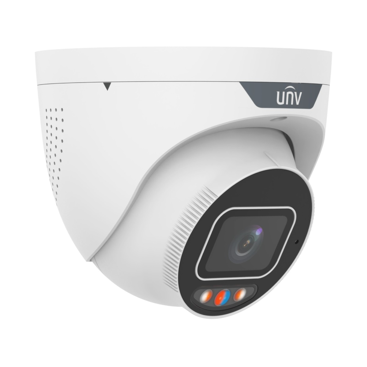 Una telecamera di sorveglianza bianca con obiettivo nero e luci LED.