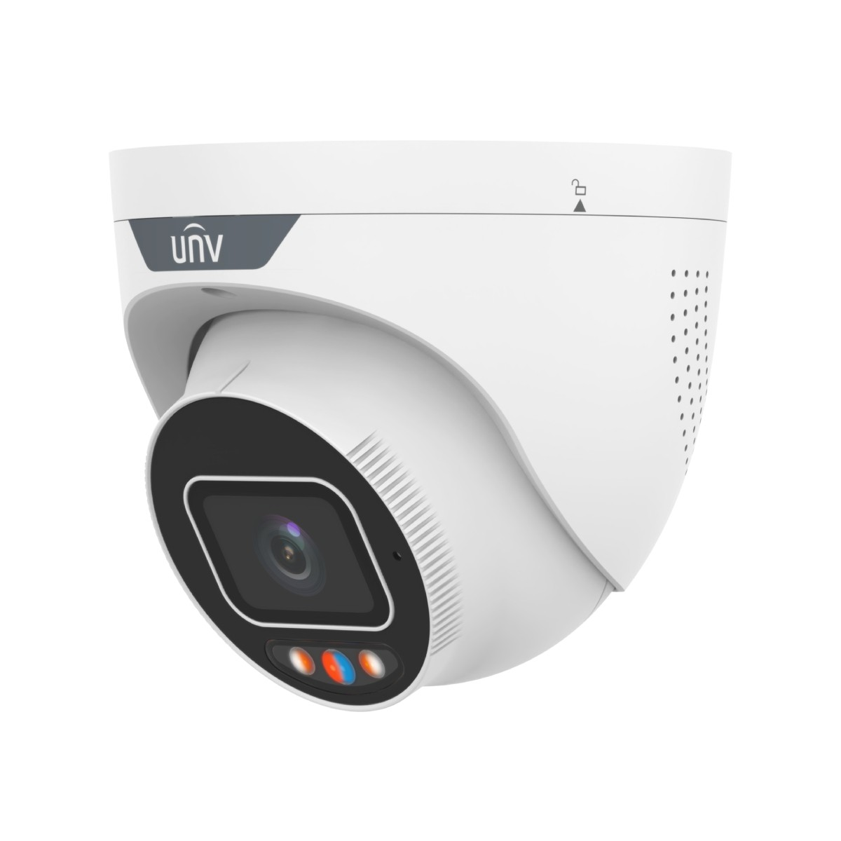Telecamera di sicurezza UNV bianca con bordo nero attorno all'obiettivo e luci rosse/blu.