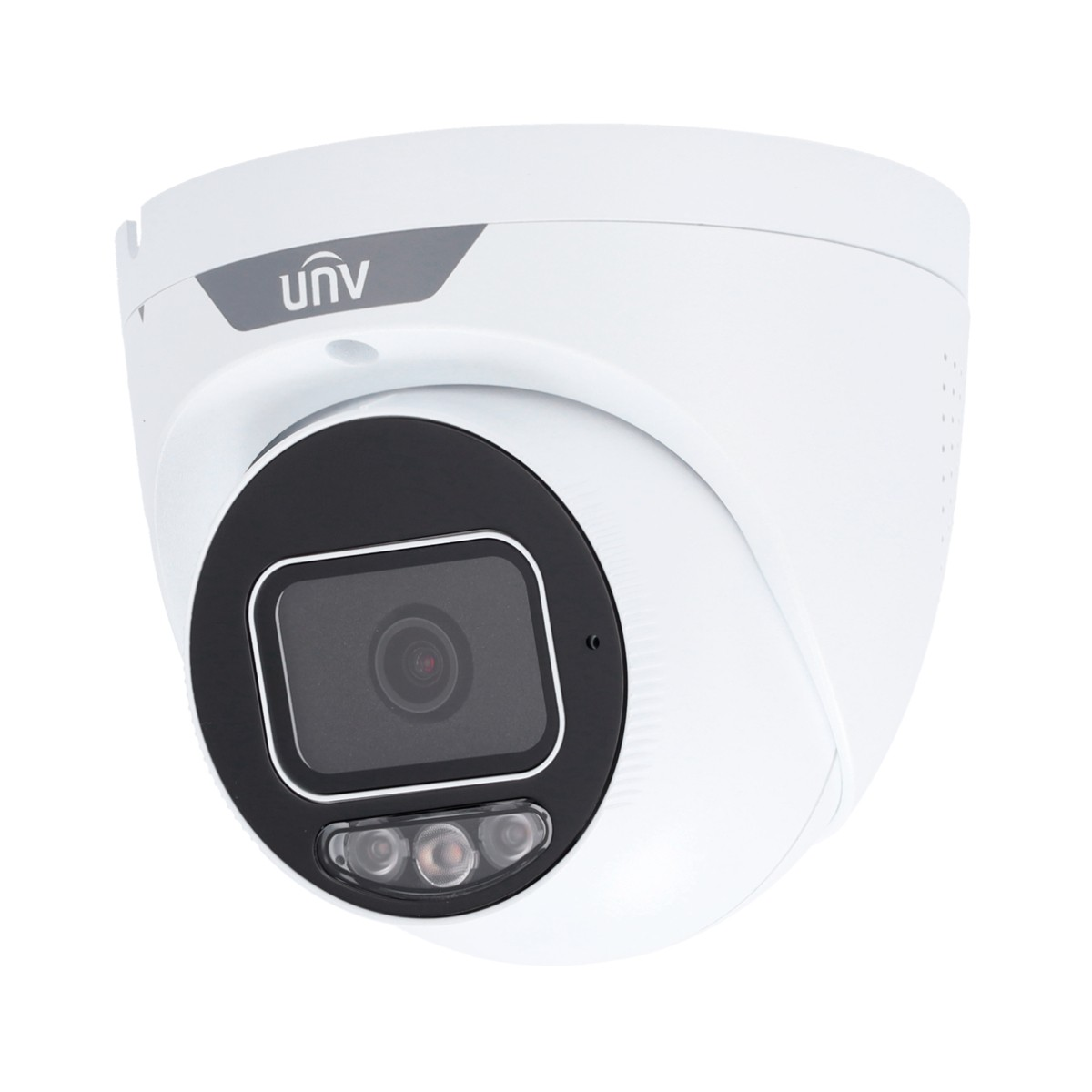 Una telecamera di sicurezza bianca con obiettivo nero e LED IR.