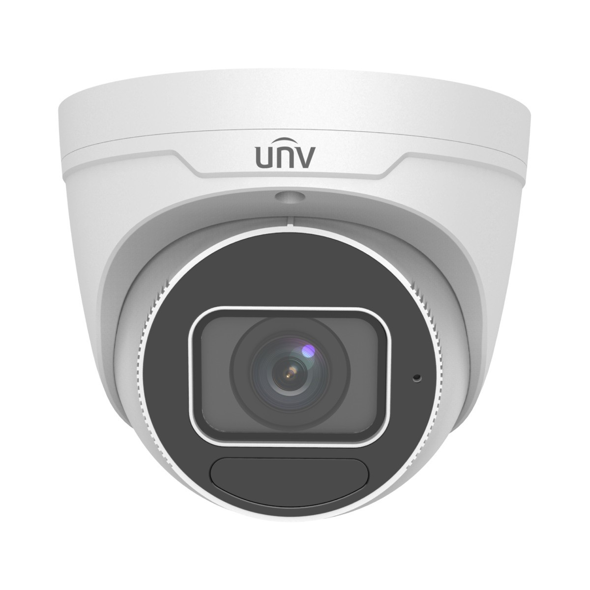 Telecamera di sicurezza bianca UNV con lente circolare scura e un ovale nero sotto.