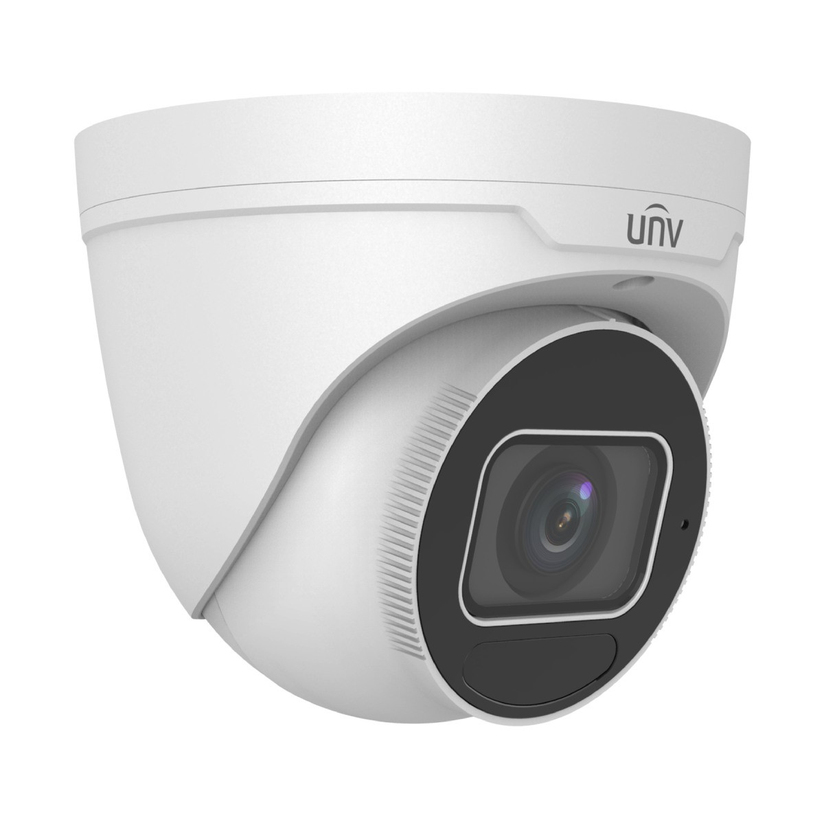 Telecamera di sicurezza a cupola bianca con alloggiamento lente nero e logo UNV.