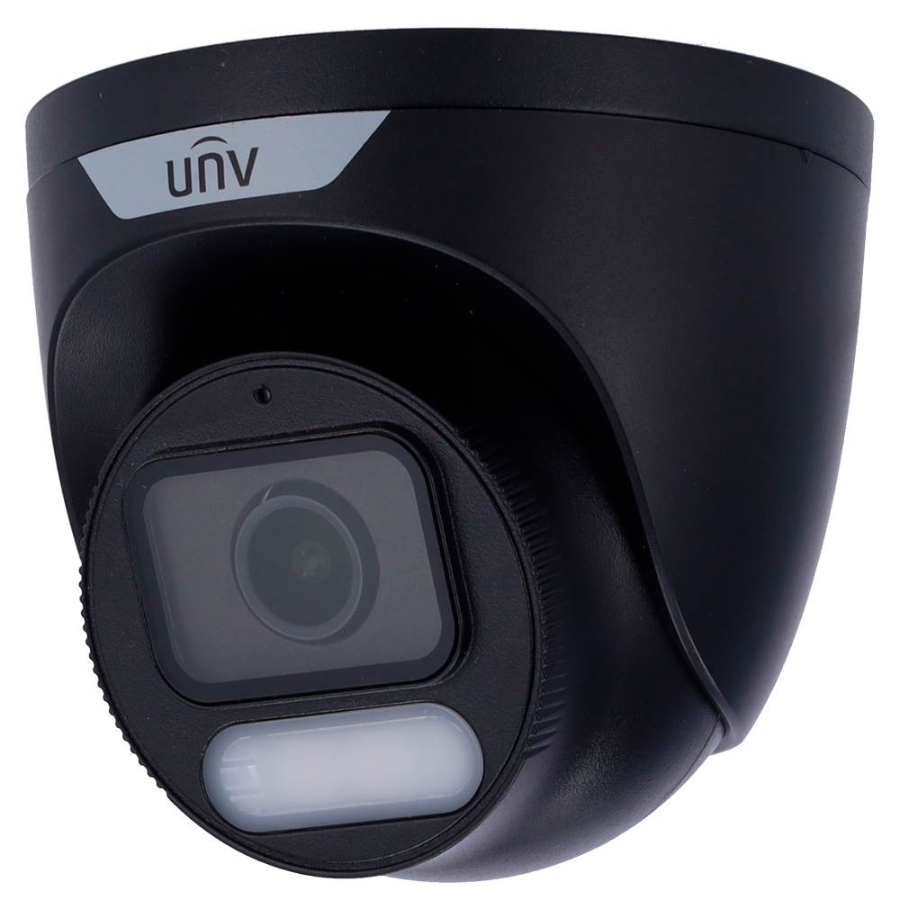 Telecamera di sorveglianza nera con logo UNV e illuminatore IR.