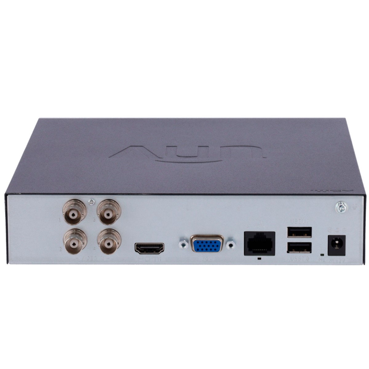 Vista posteriore di un DVR nero con porte BNC, HDMI, VGA, Ethernet, USB e ingresso di alimentazione.