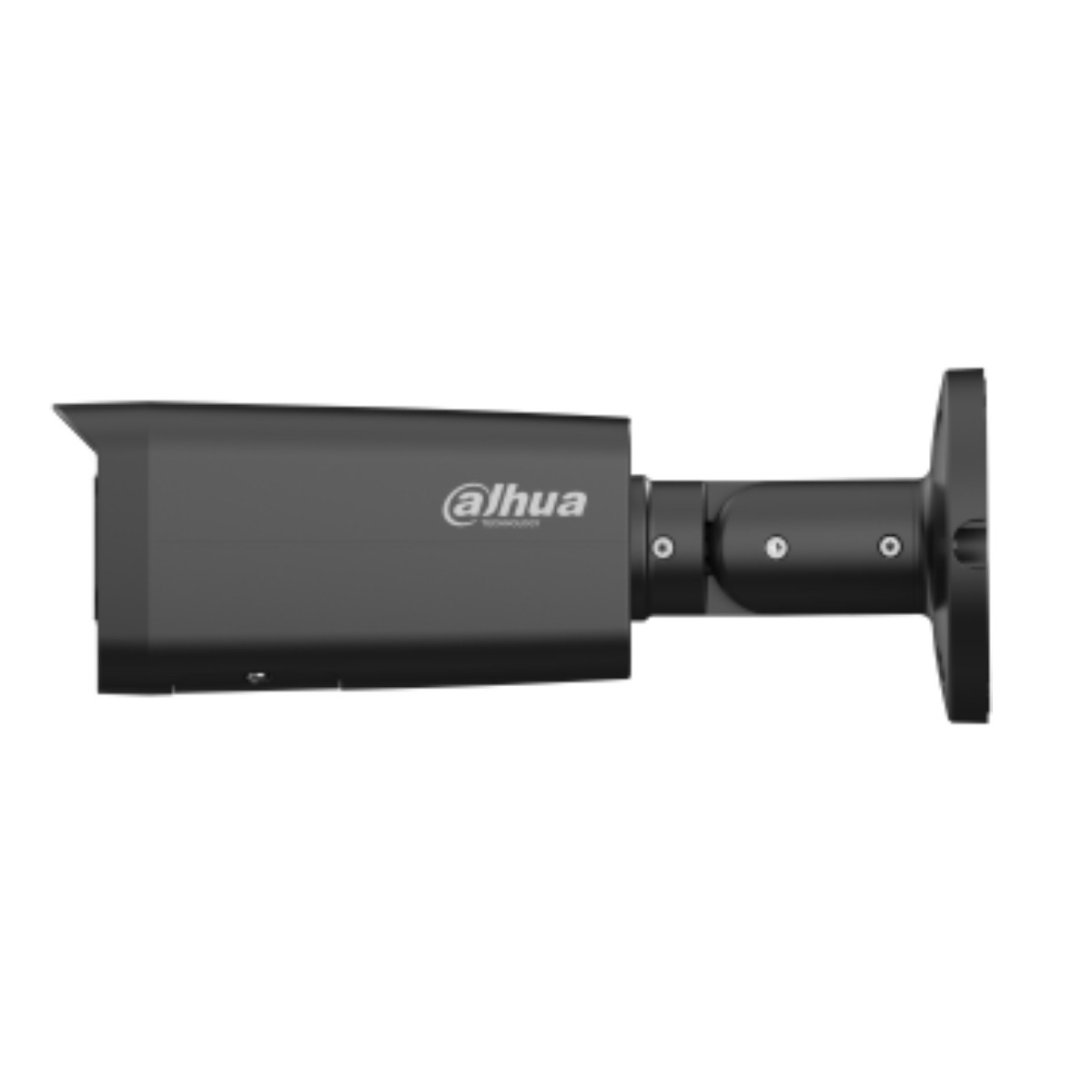 Una telecamera di sicurezza Dahua nera tipo bullet con logo bianco è montata su sfondo bianco.