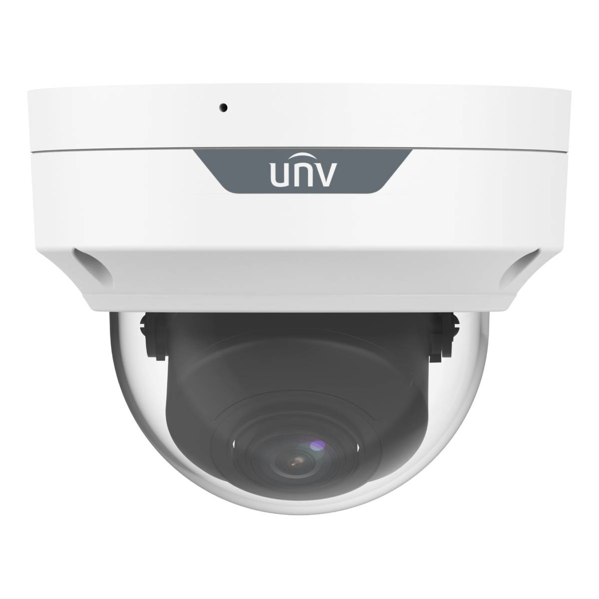 Una telecamera di sicurezza dome bianca con logo UNV grigio su sfondo bianco.
