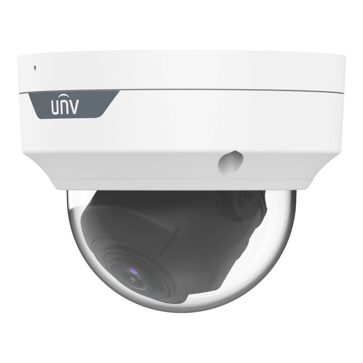 Telecamera di sicurezza bianca a cupola con logo UNV.