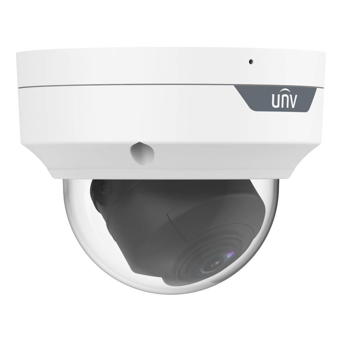 Una telecamera di sicurezza bianca a cupola con logo UNV su sfondo grigio.