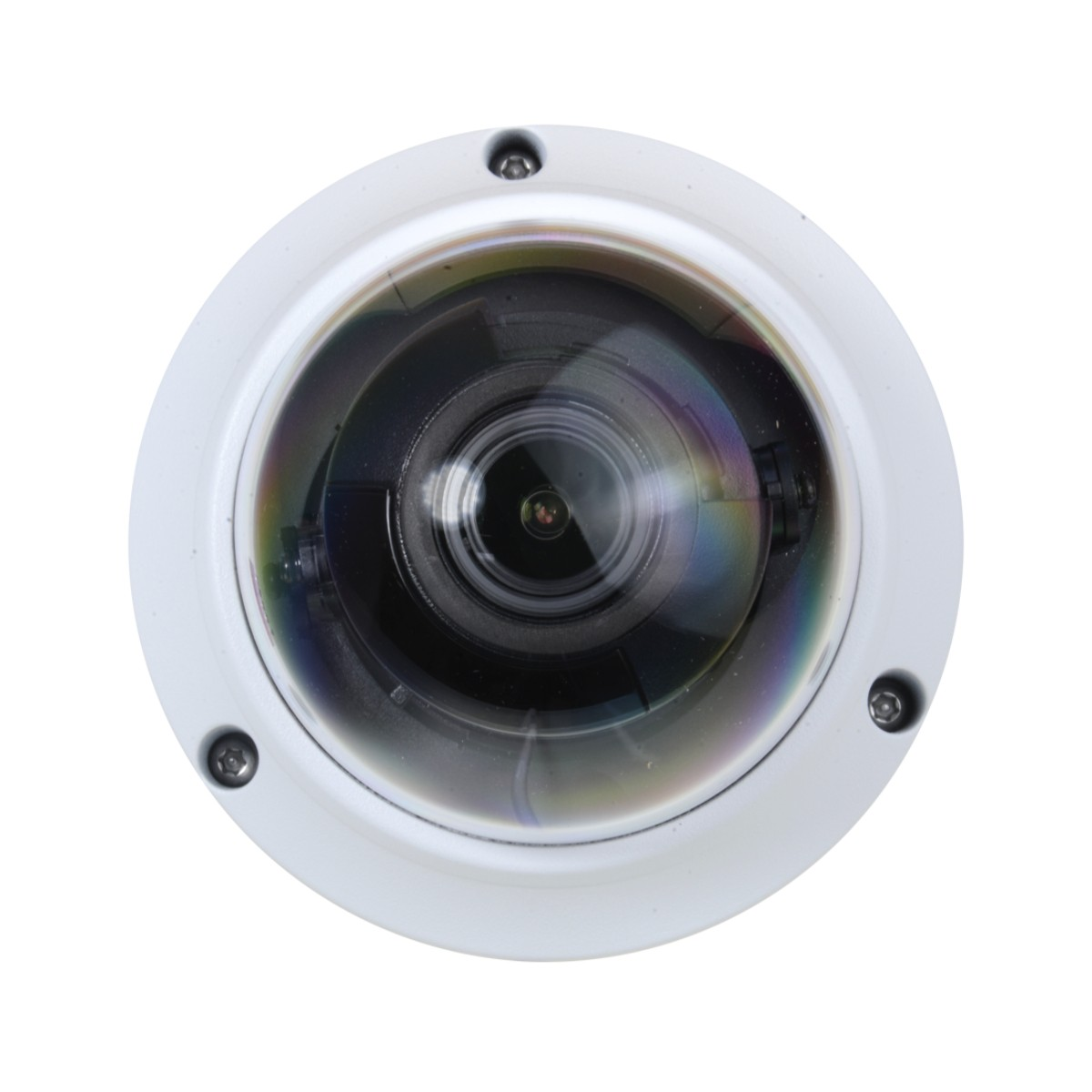 Una telecamera di sicurezza bianca a cupola con obiettivo e viti visibili.