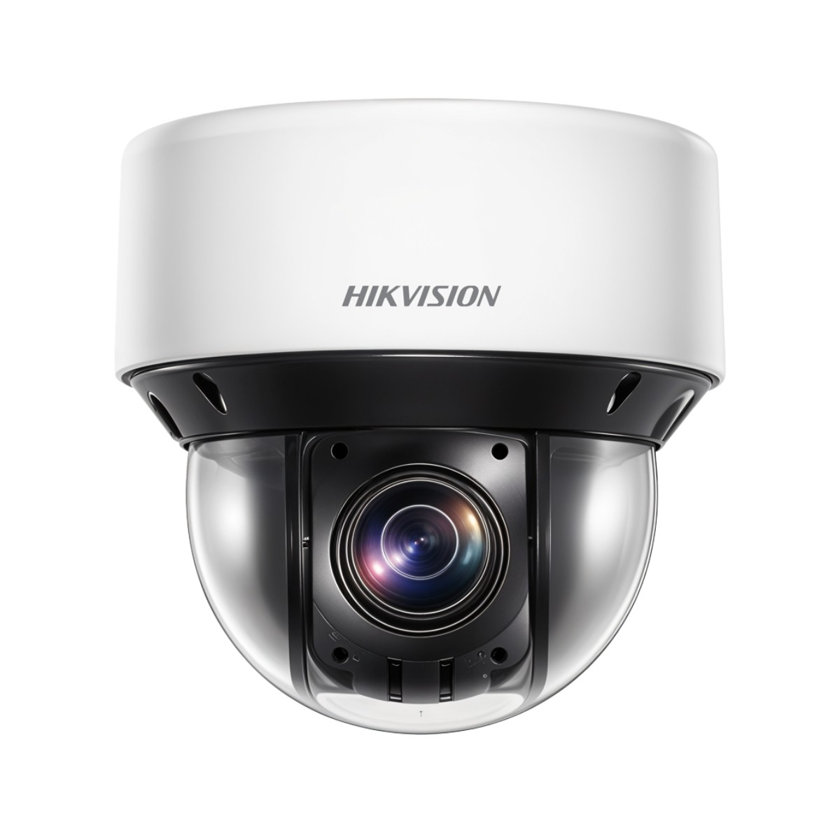 Una telecamera di sicurezza Hikvision bianca con alloggiamento e cupola neri.