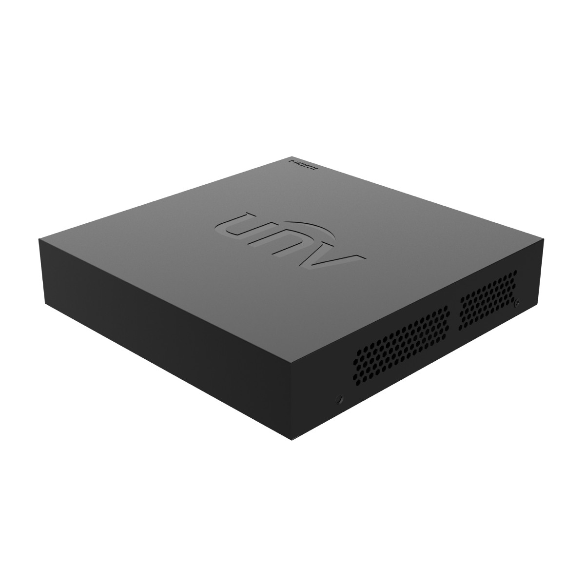 Dispositivo elettronico nero e piatto con fessure di ventilazione e logo.
