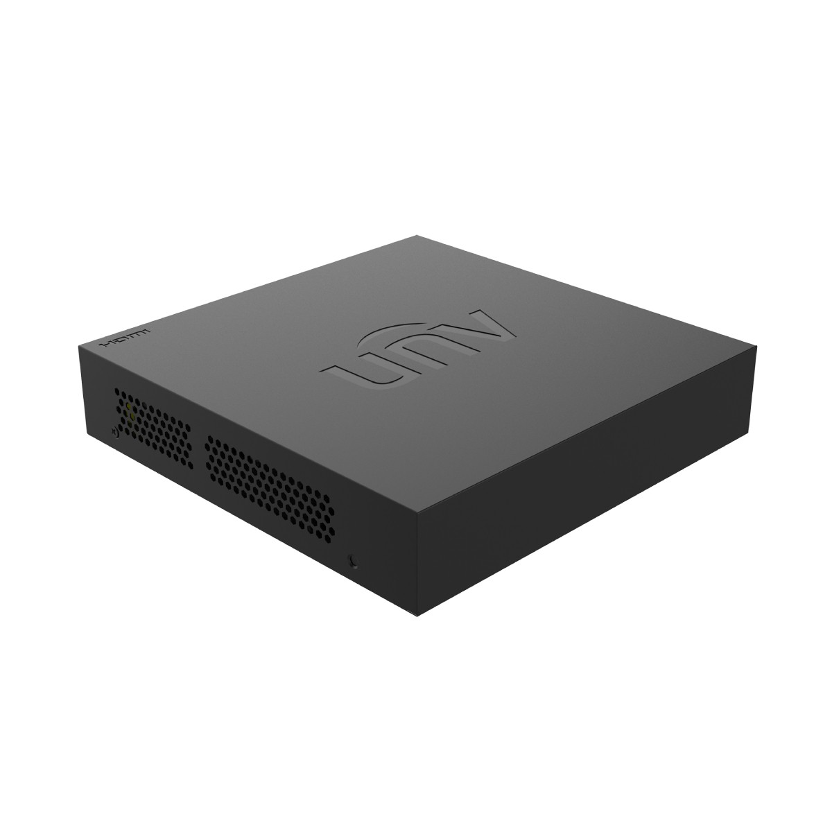 Uno switch di rete nero e rettangolare con il logo 'Ubiquiti' in rilievo.