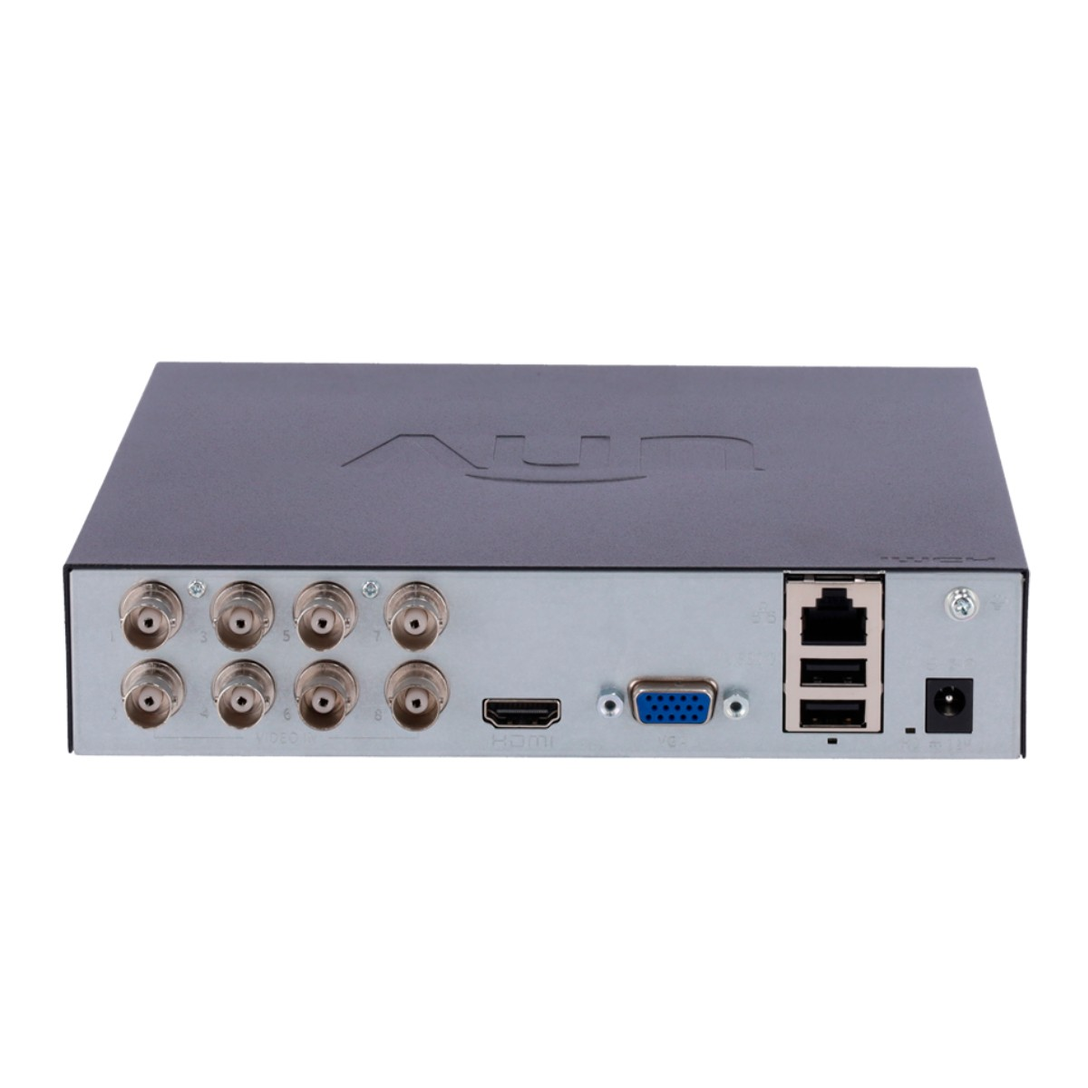 Retro di un DVR nero con 8 porte BNC, HDMI, VGA, Ethernet e connettore di alimentazione.
