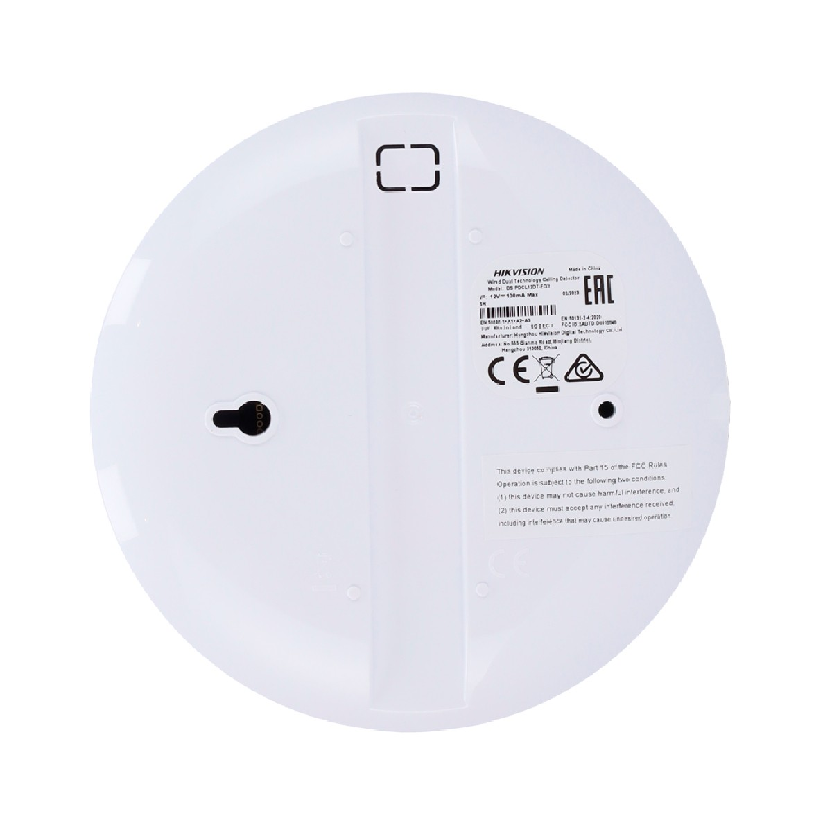 Dispositivo Hikvision rotondo bianco con informazioni tecniche e marchi di certificazione.
