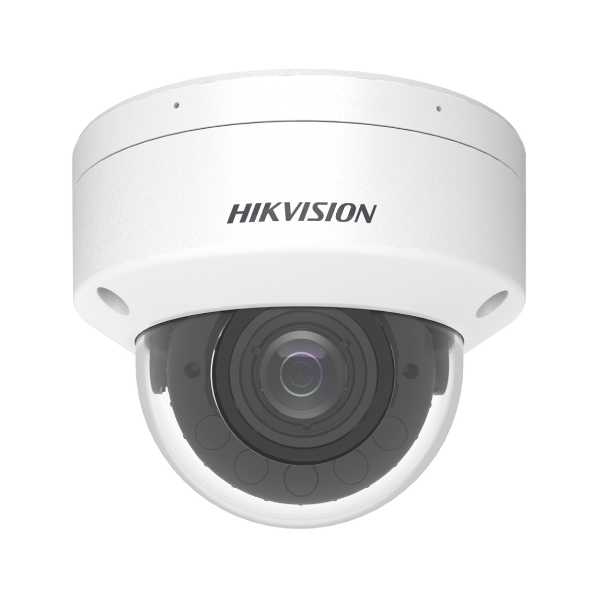 Una telecamera dome Hikvision bianca con obiettivo visibile e custodia nera.