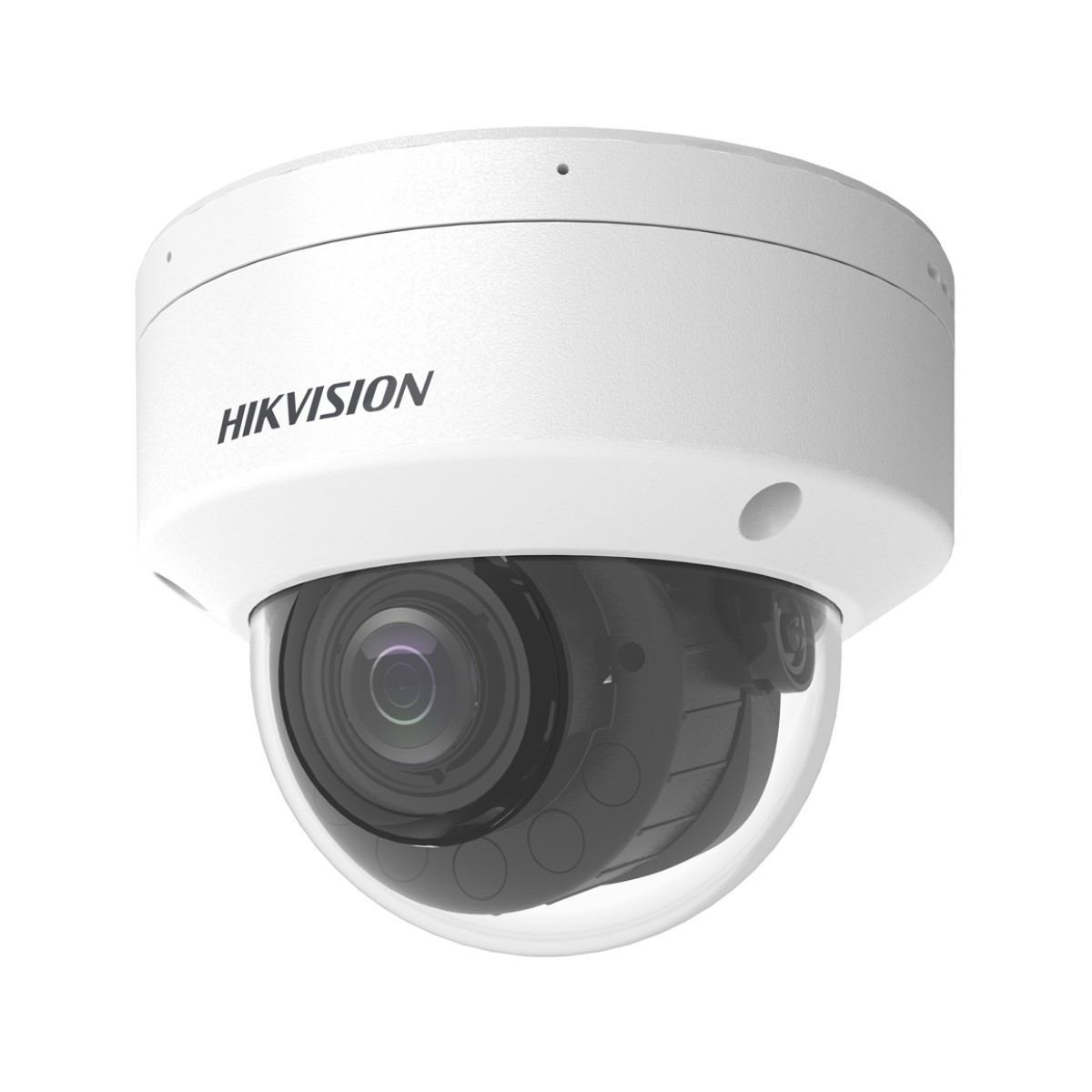 Una telecamera di sicurezza dome Hikvision bianca con una cupola trasparente sull'obiettivo.