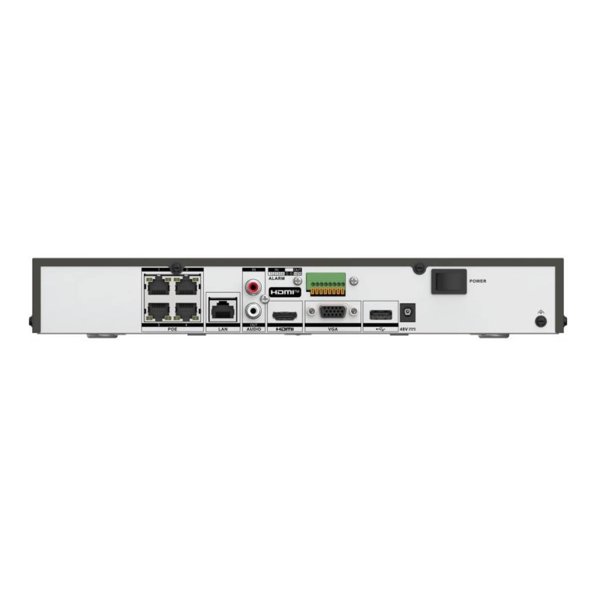 Retro di un videoregistratore di rete con porte POE, LAN, Audio, HDMI, VGA e alimentazione.