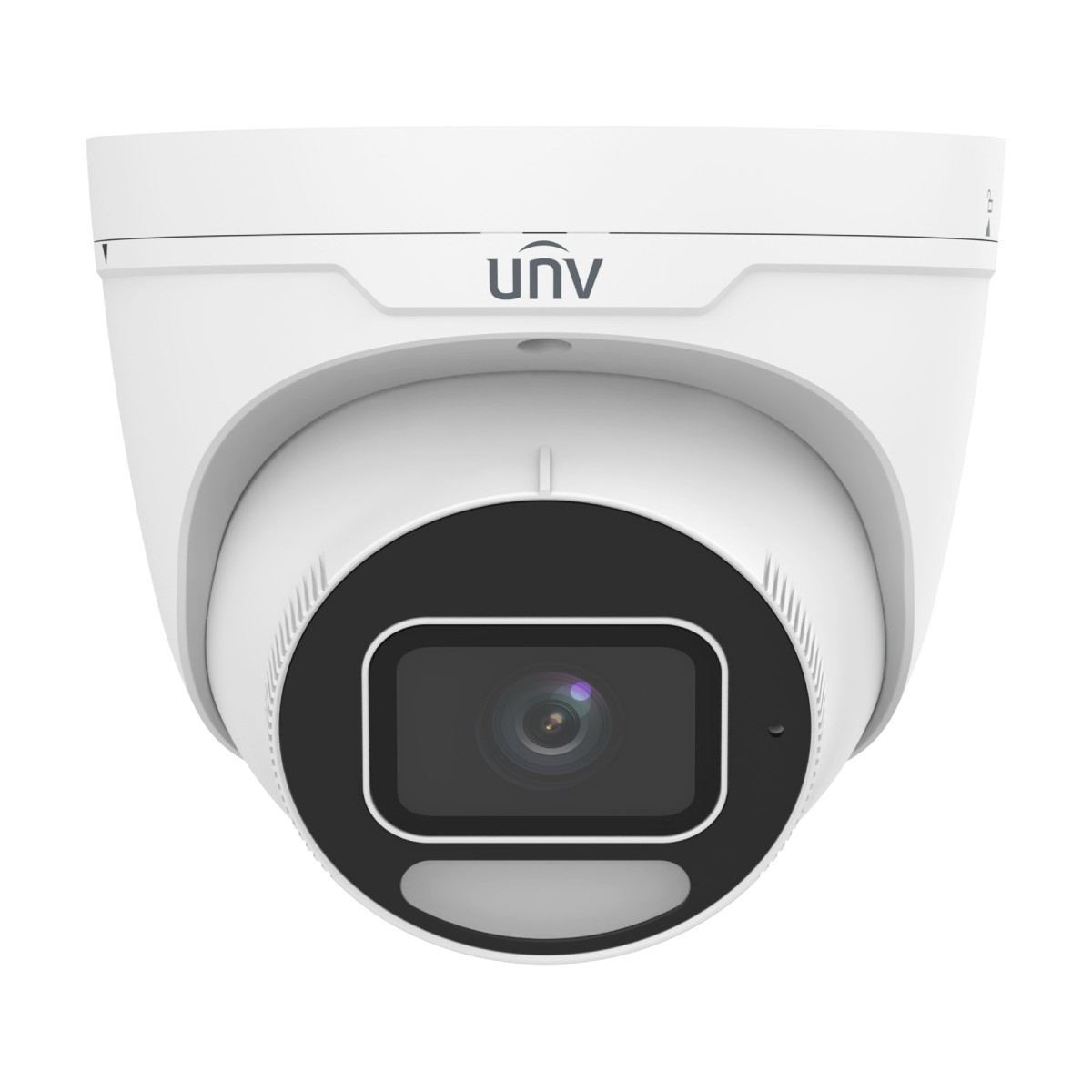 Una telecamera di sicurezza bianca con lente frontale nera e logo UNV.