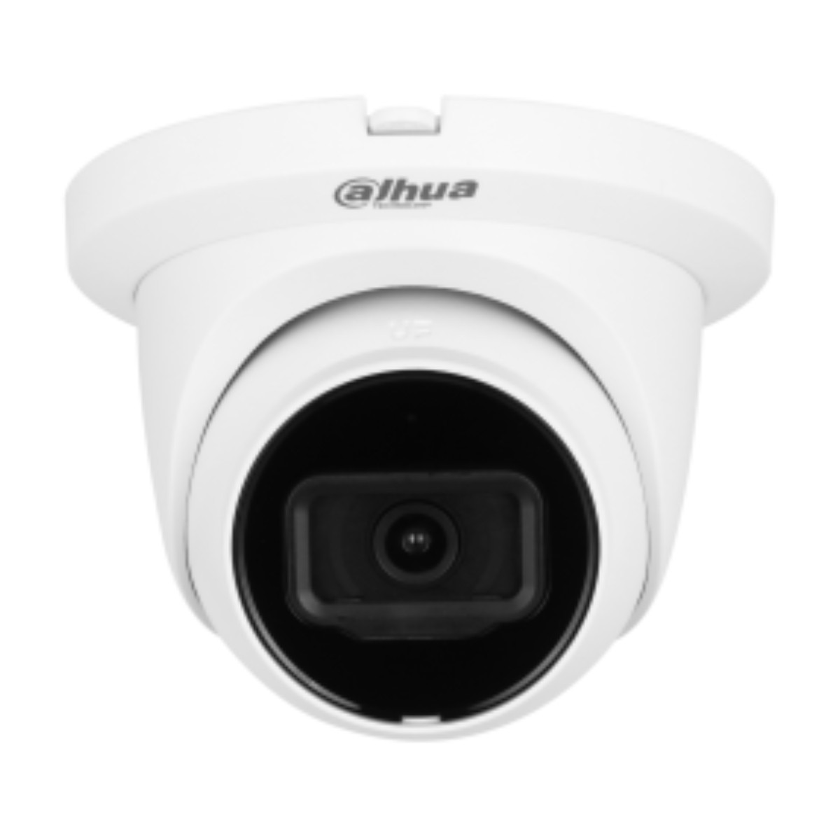 Una telecamera di sicurezza Dahua bianca con obiettivo e logo.