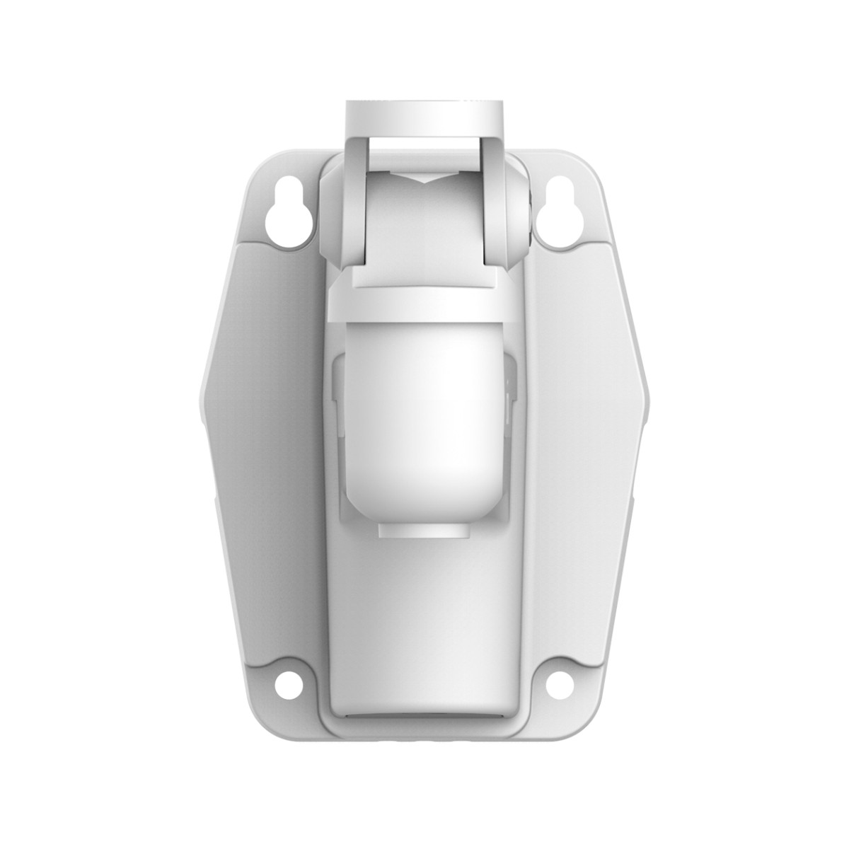 Supporto a parete bianco con clip regolabile e fori di montaggio.