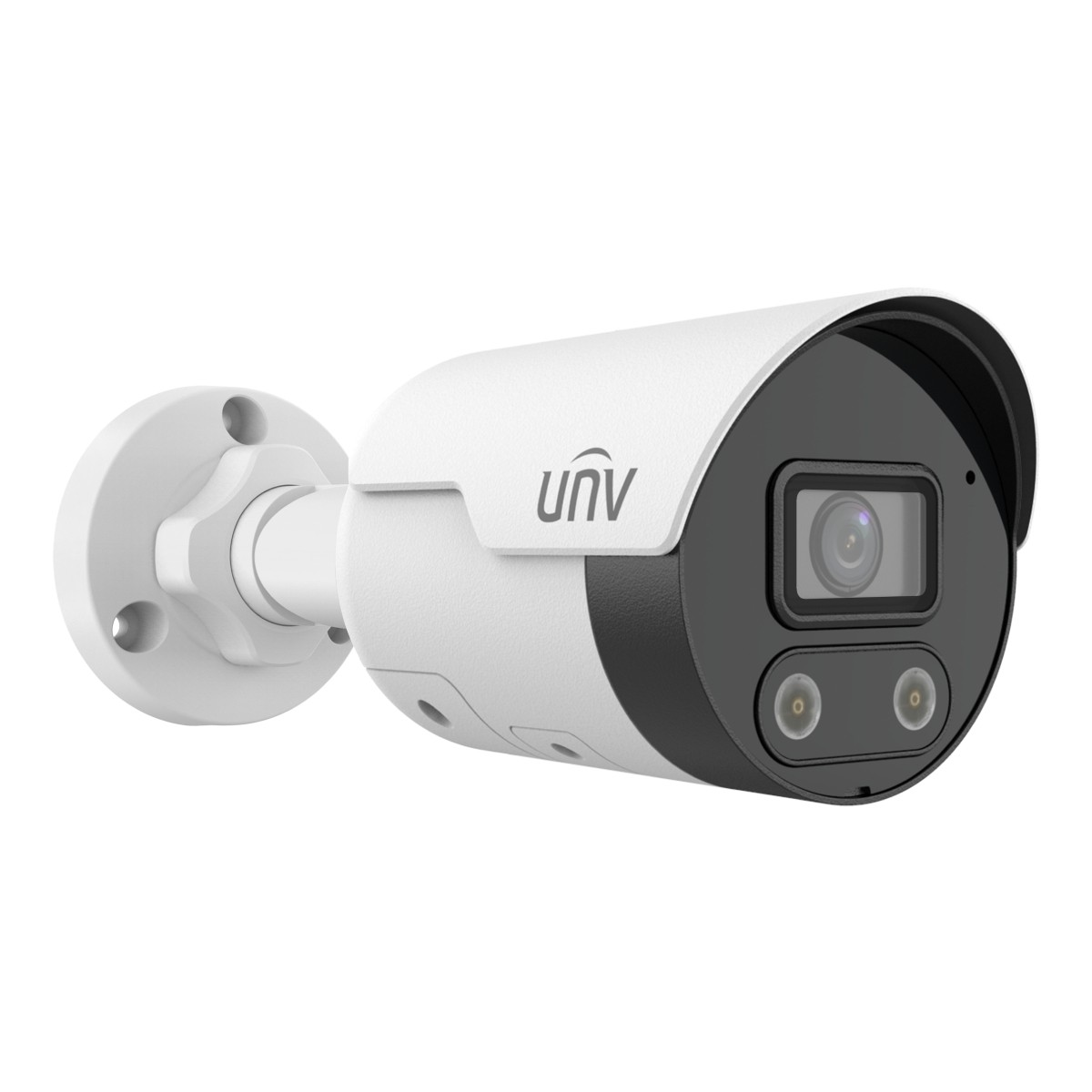 Una telecamera di sicurezza UNV bianca e nera con obiettivo e due luci circolari.