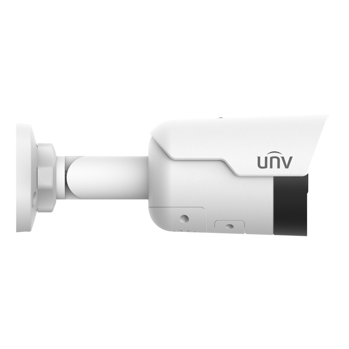 Telecamera di sicurezza bianca con logo UNV di profilo su sfondo bianco.