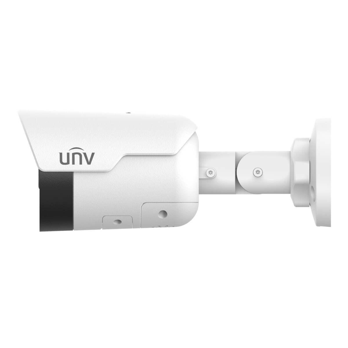 Una telecamera di sicurezza bianca con logo UNV, montata su staffa.