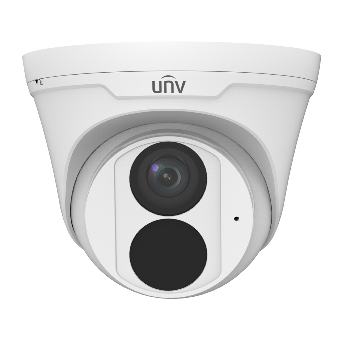 Una telecamera di sicurezza bianca con logo UNV, obiettivo e due cerchi neri.