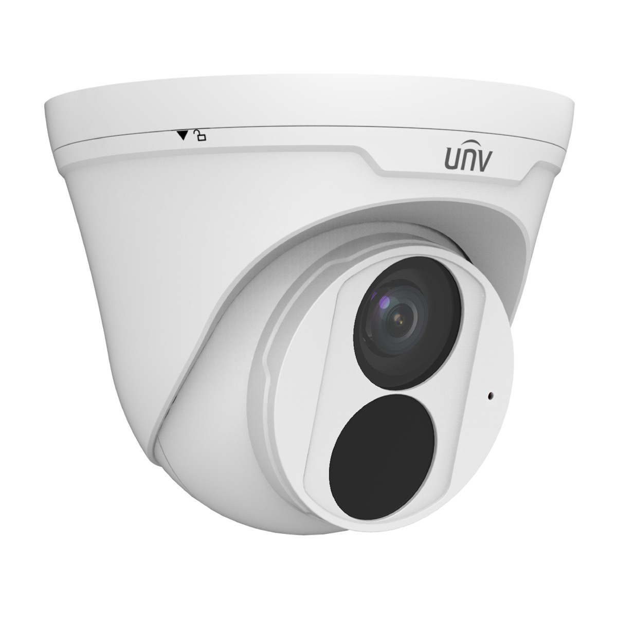 Una telecamera di sicurezza UNV bianca con lente e due cerchi scuri.